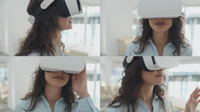 女商人在VR眼镜上观看视频