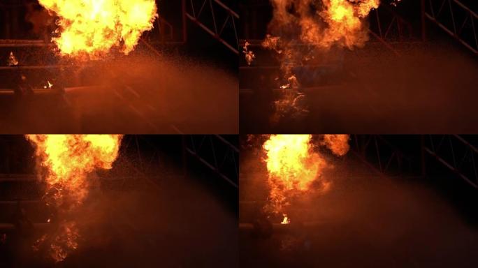 FHD消防员的慢动作喷水，以应对石油管道泄漏爆炸和石油钻机和天然气站爆炸。保险和安全灾难概念。