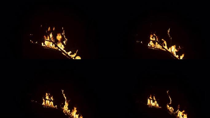 黑色背景上着火的木树枝的慢动作镜头。棍子在强烈的火焰中燃烧。特殊效果、视觉效果、后期制作、动画的孤立