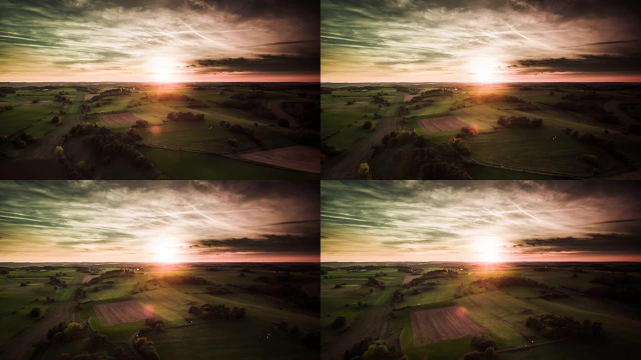 风景秀丽的乡村，日落时的风景-空中拍摄