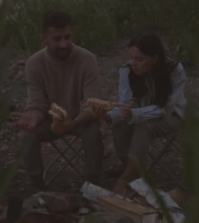 夫妇在湖边吃热狗朋友露营竖屏视频素材