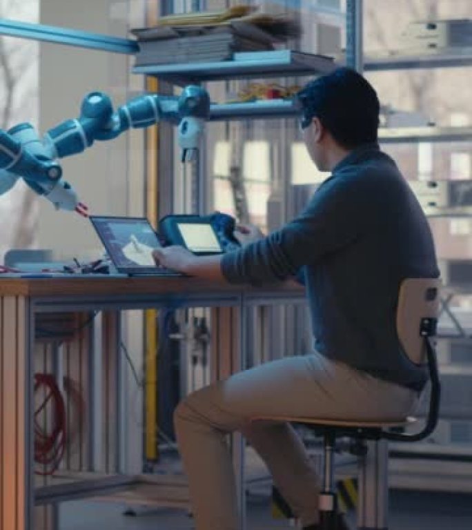专业的年轻开发人员在笔记本电脑上编码，并在工厂车间操纵机械臂。设计自动化机器人系统的人。启动概念。垂