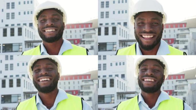 微笑，大笑，快乐的承包商，工程师和主管在外面的建筑工地工作。面对一个快乐的黑人工头，管理着一个成功的