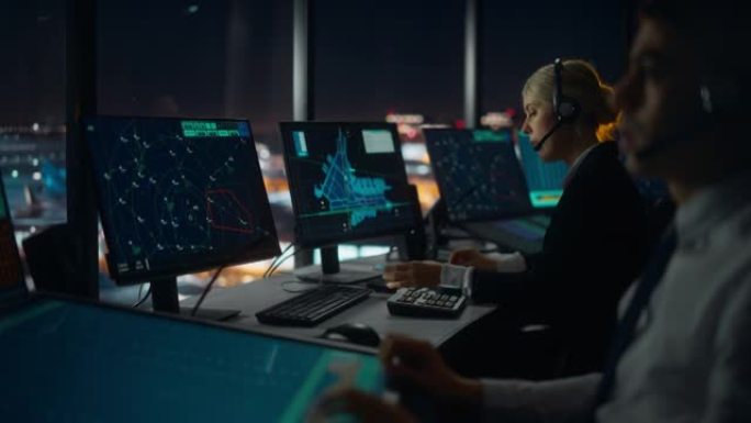 晚上，戴着耳机的女性空中交通管制员在机场塔楼通话。办公室里满是台式电脑显示屏，配有导航屏幕，飞机飞行