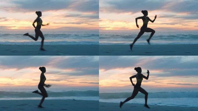 一个活跃、健康的女人在海滩上奔跑，面对日落天空，有复制空间。年轻女性看起来专注，认真和坚定，在海洋附