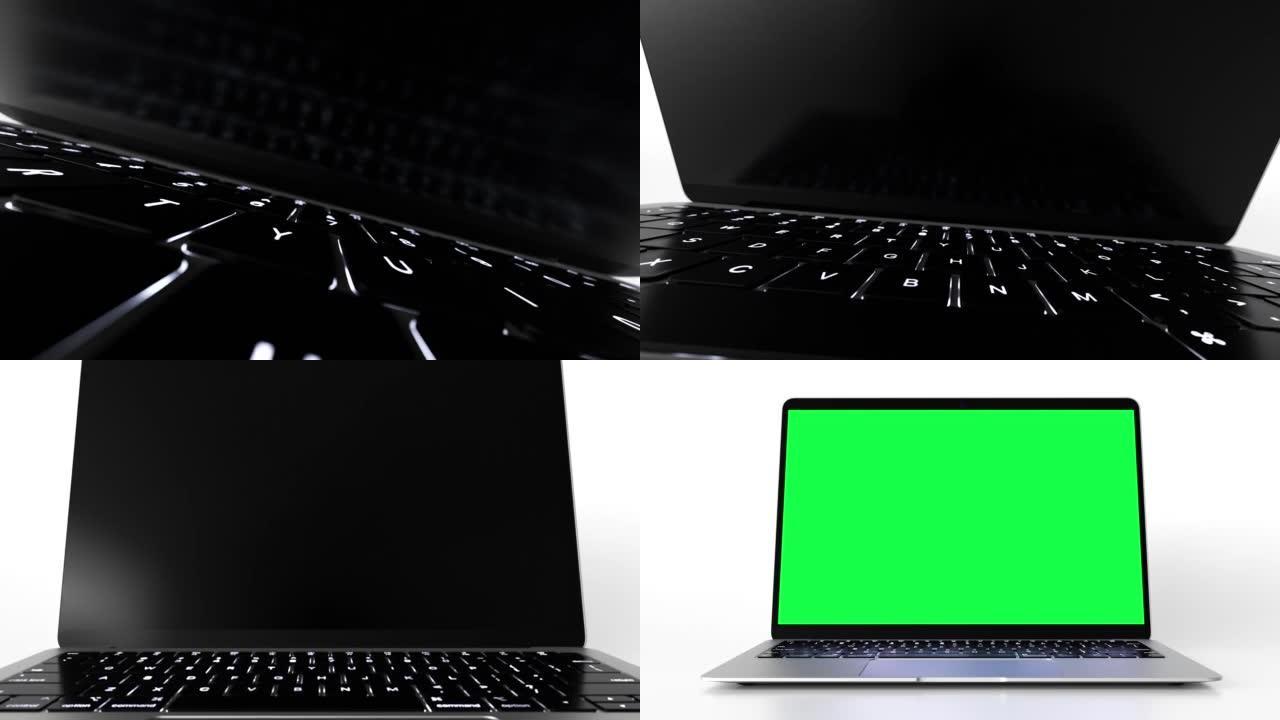 笔记本电脑绿屏显示技术背景与清晰的色度键复制粘贴。空观看和粘贴e商业博客或游戏应用程序。用于样机的3