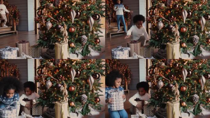 快乐的小非洲裔美国孩子跑去圣诞礼物。
