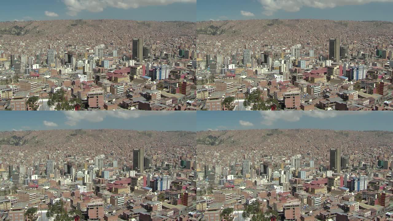 南美多民族玻利维亚政府所在地拉巴斯的鸟瞰图。放大。4k分辨率。