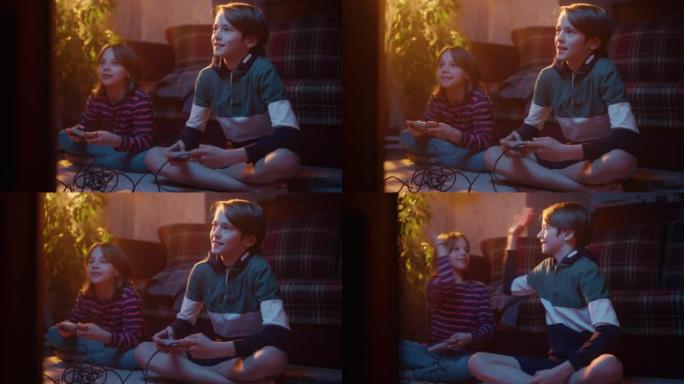 怀旧的童年概念: 年轻的男孩和女孩在一个房间里的复古游戏机上玩街机视频游戏。孩子们赢得了等级和击掌。