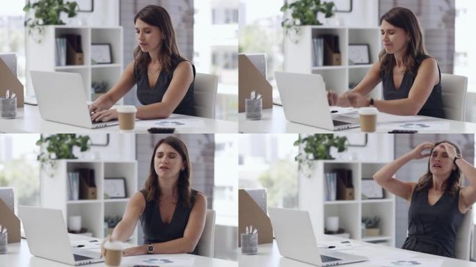 一名年轻女商人在办公室里愤怒地敲打笔记本电脑的4k视频片段