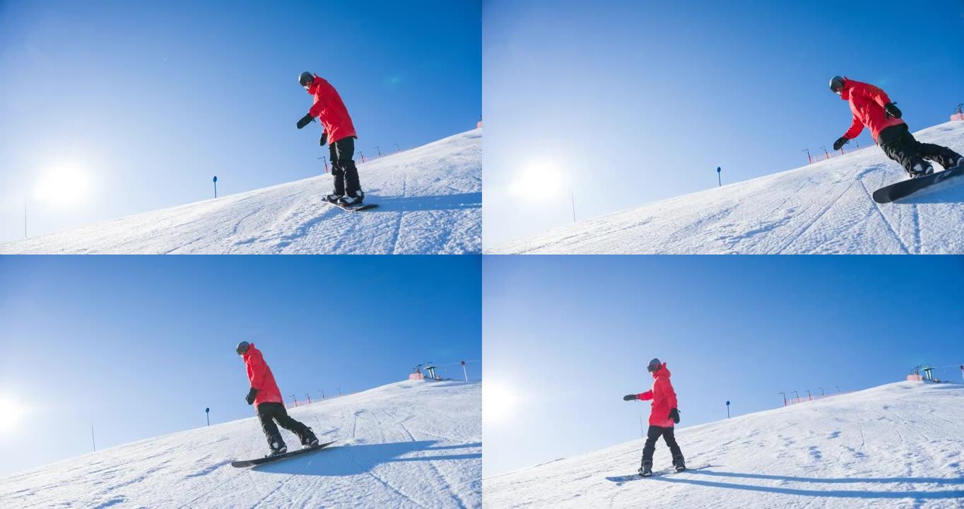滑雪者在山间度假胜地的滑雪场上骑行，周围环绕着雄伟的风景