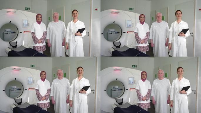 MRI扫描室的女性放射科医生和高级男性患者和护士