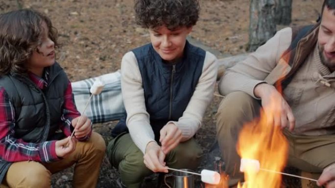 爸爸妈妈和儿子在森林里烧烤和吃棉花糖聊天在火中玩耍
