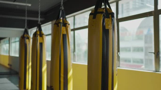 健身房健身俱乐部，一排黄色出气筒沙袋旁边窗口白天时间