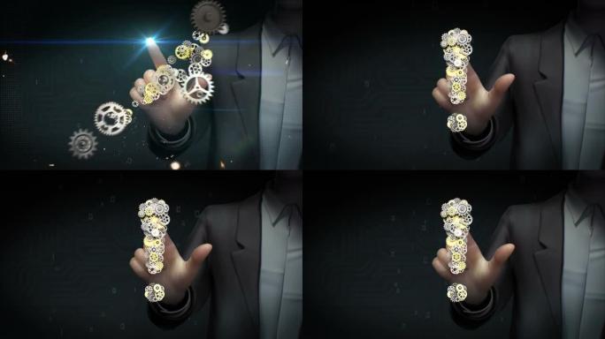 商人触屏，钢金色齿轮制作感叹号形状。4k动画。