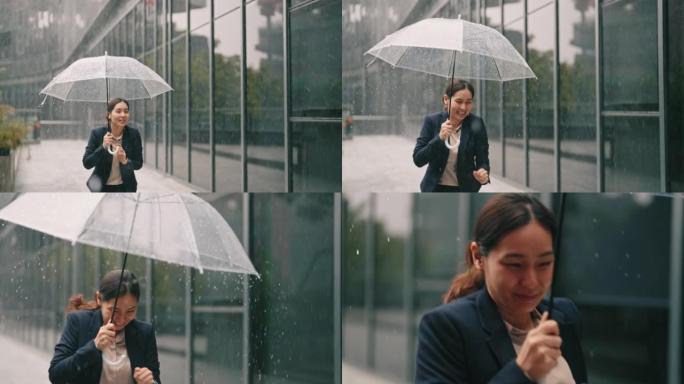 女商人在雨中行走奔跑