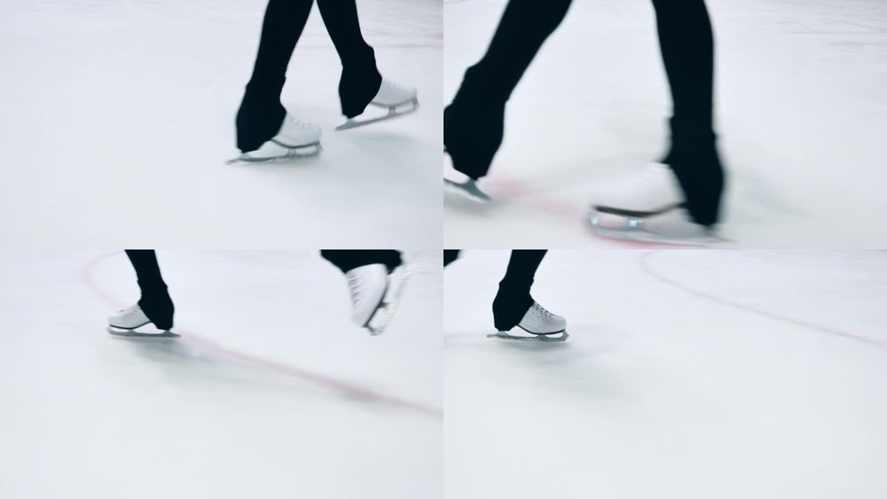 一个女孩在滑冰时正在做步骤顺序