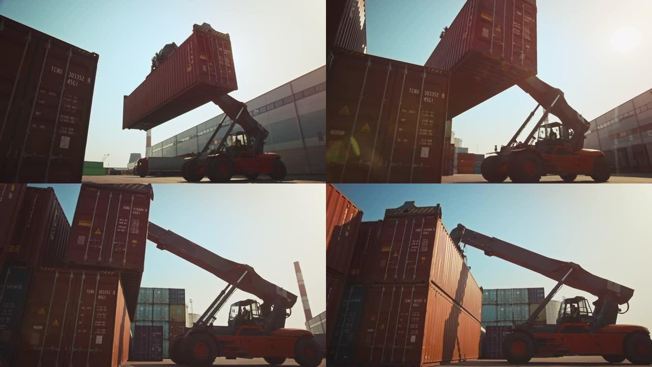 现代集装箱搬运工在造船厂码头运送大型红色钢制货物储存集装箱。操作搬运设备的驾驶员正在物流中心装载板条