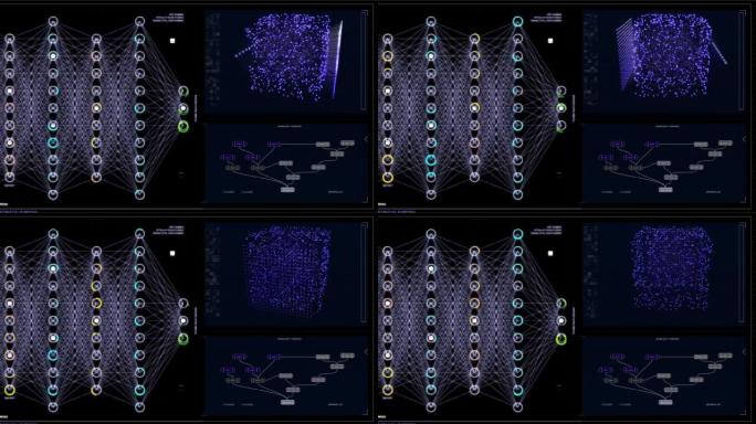 在计算机上工作的黑色背景上的神经网络监控软件的可视化。各种集群的连接加载，交换数据。计算机显示器的模