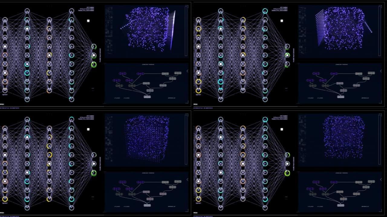 在计算机上工作的黑色背景上的神经网络监控软件的可视化。各种集群的连接加载，交换数据。计算机显示器的模