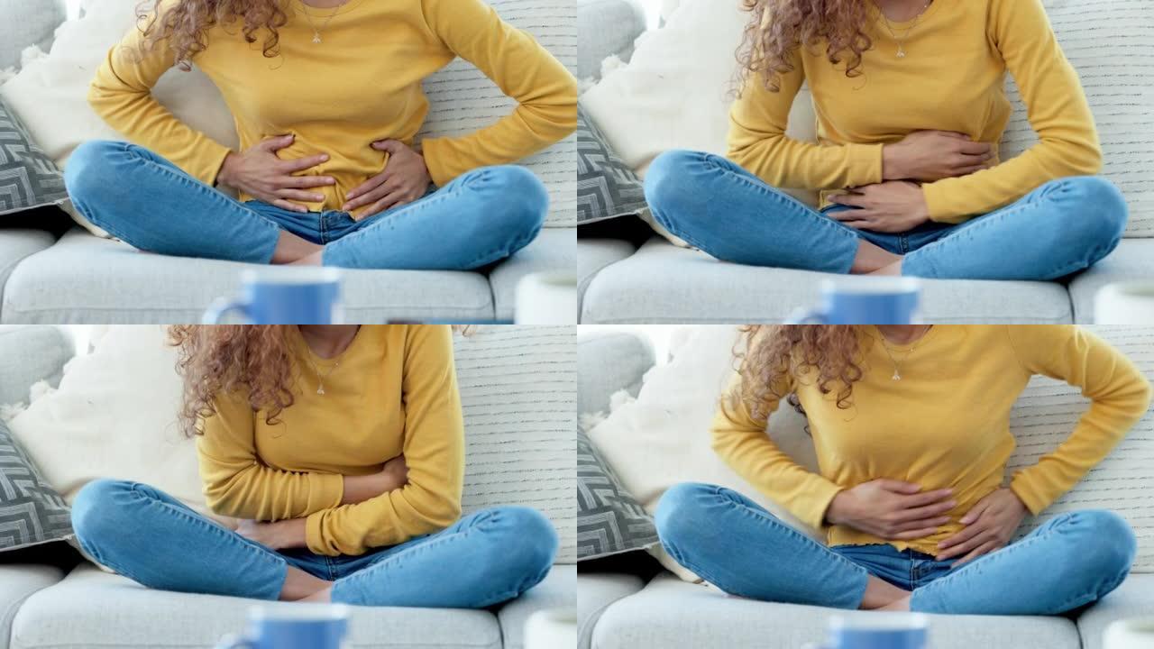 一个月经痉挛的女人揉肚子的特写镜头。年轻女孩患有子宫内膜异位症，经历不适，疼痛的腹部。PMS或月经周