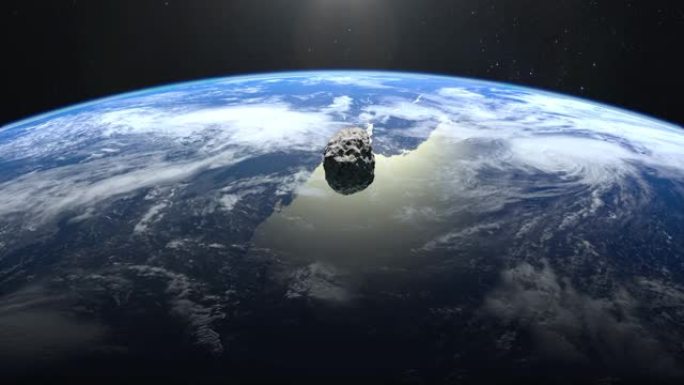 小行星落在地球上。一颗小行星出现在框架中，旋转并迅速飞向地球。星空。4K.星星闪烁。3d渲染。NAS