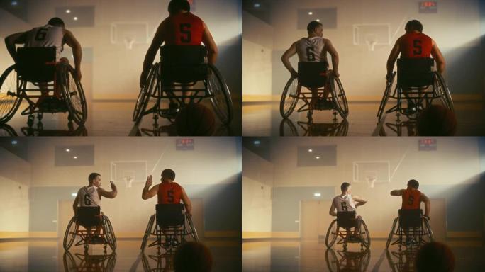一对一的轮椅篮球比赛。准备比赛的竞争朋友在比赛前击掌。两名职业选手决心赢得比赛。残疾人的灵感