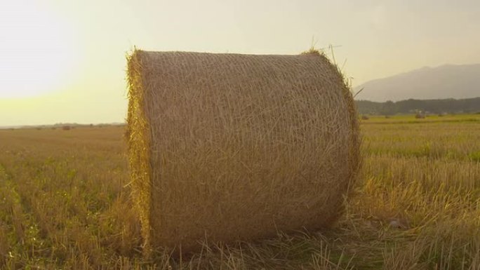日落时分躺在田野上的干草捆