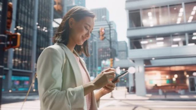 一位迷人的日本女性穿着时髦的休闲服行走并在城市街道上使用智能手机的肖像。大城市的经理与人们在线联系，