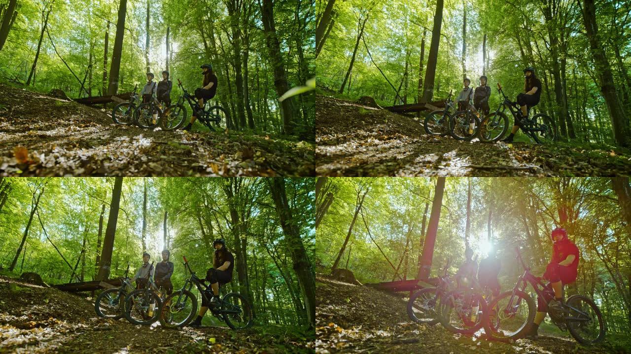 在森林中摆姿势的MTB骑自行车的超级SLO MO肖像