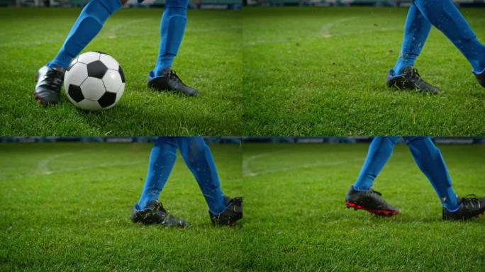 踢足球的靴子腿的特写镜头。职业足球运动员用凶猛的力量击球，进球，草地飞翔。超慢动作电影低角度地面艺术