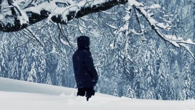 疲惫疲惫的人挣扎着在极端寒冷的雪地里行走，冬天的天气绝望无望一步一步寻找人行道