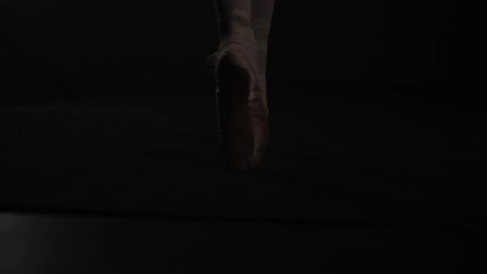 年轻的女舞者脚穿着芭蕾舞鞋站在脚尖上