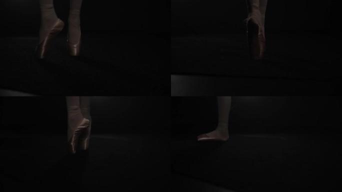 年轻的女舞者脚穿着芭蕾舞鞋站在脚尖上