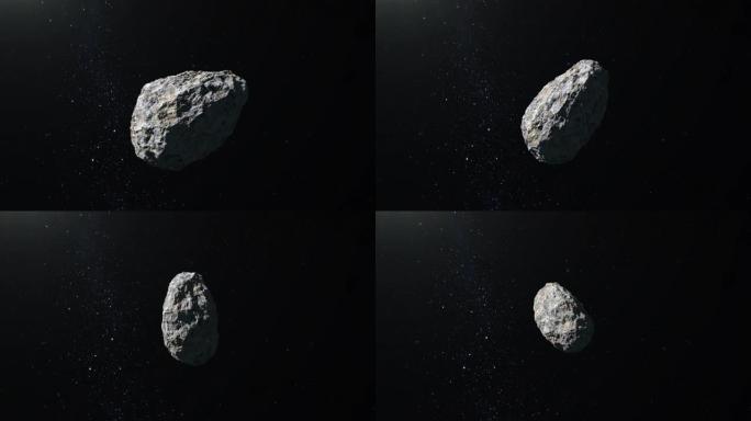 太空中的小行星。星星闪烁。小行星缓慢旋转并飞走。星空。4K. 3d渲染。