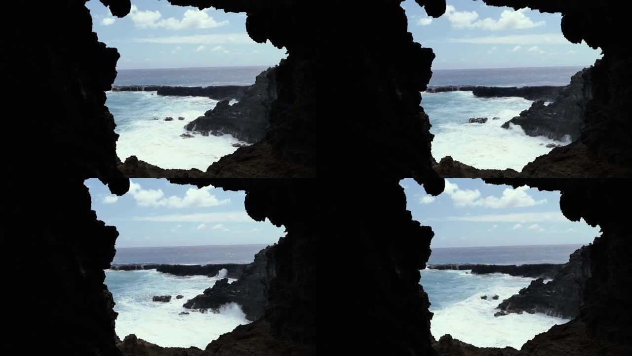 悬崖和太平洋景观，从智利复活节岛的Ana Kakenga洞穴可以看到。