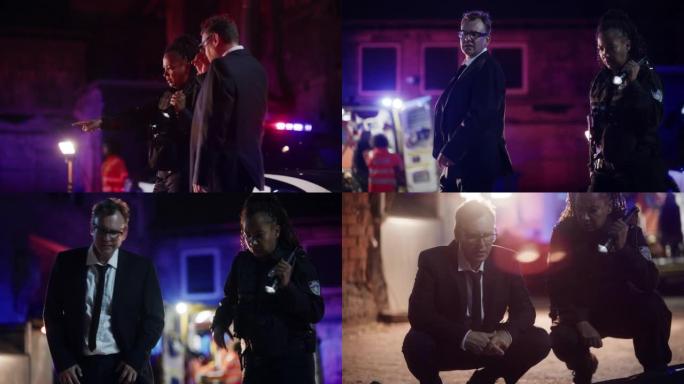 两名警察在夜间通过参观后巷的犯罪现场处理案件的肖像。男侦探和一名女警正在考虑解决残酷谋杀案的线索和证