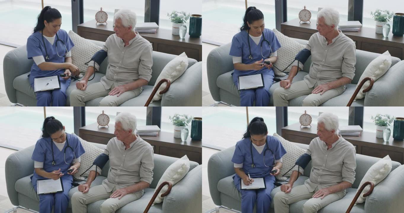 一名女护士检查其老年患者血压的4k视频片段
