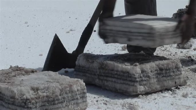 盐矿工人从南美阿根廷萨尔塔的Salinas grannes (大盐滩) 砍盐皮。