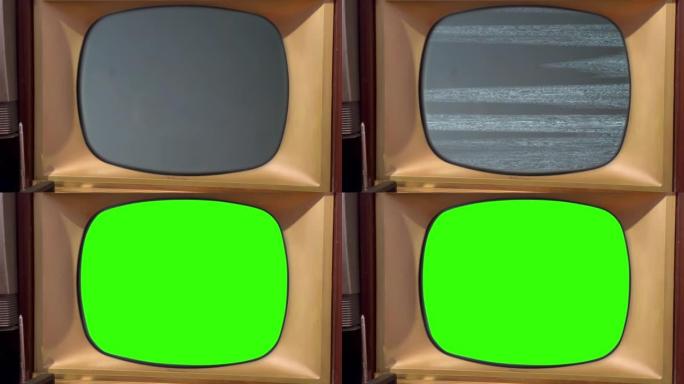 复古电视机打开色度键绿色屏幕。特写。4k分辨率。