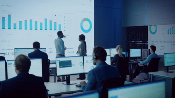 两名交易员在现代化的监控办公室开会，并在大屏幕上显示分析信息。经纪人和金融专家的监控室坐在电脑前。同