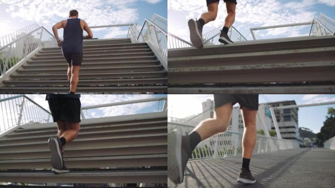 运动的男性在桥上的台阶上锻炼，锻炼身体并建立有氧耐力。适合在城市楼上跑步的运动员。市区户外慢跑的健康