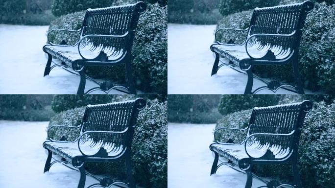 冬天下雪的椅子雪景户外唯美空镜中雪