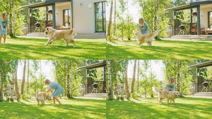 可爱的女孩和快乐的金毛猎犬在后院草坪上玩得很开心。她宠物，玩取物和抓挠。快乐的狗玩玩具球。田园诗般的