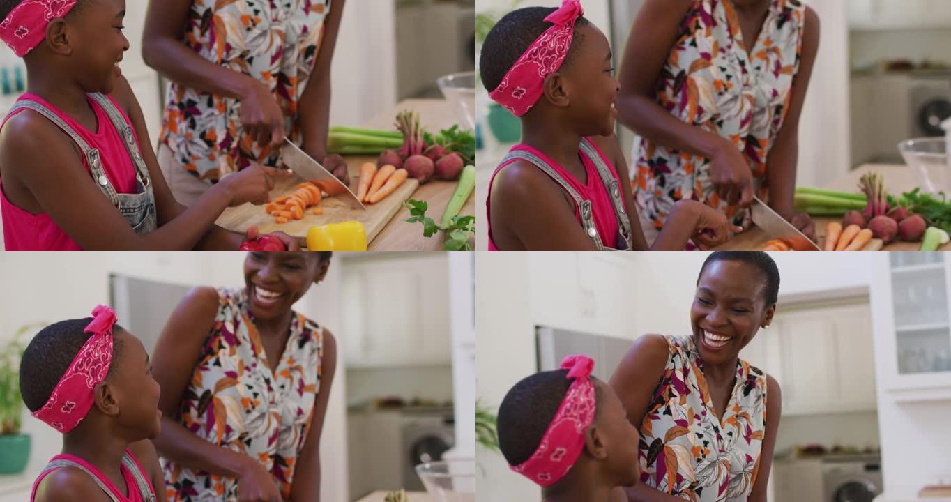 非裔美国母女在家厨房切菜