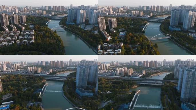 中国四川河边成都城市城市景观美丽的空中秋景