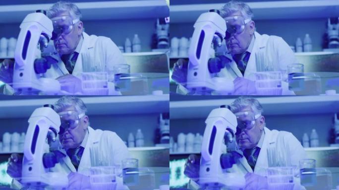 成熟的医学科学家在紫外线照明的实验室中使用显微镜检查猴痘或冠状病毒样本。男性生物化学家、基因工程师或