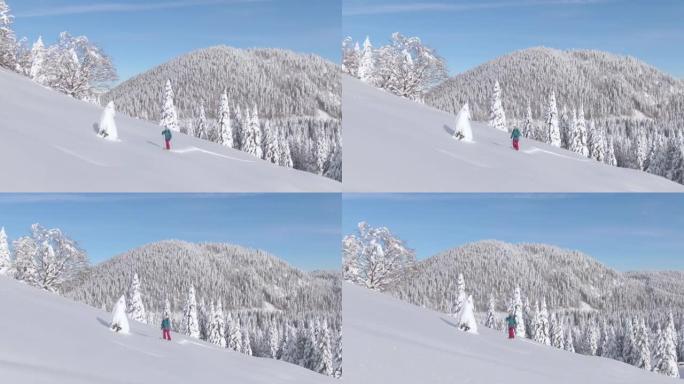 无人机: 风景秀丽的寒冷山区景观环绕着阳光明媚的女人滑雪旅行