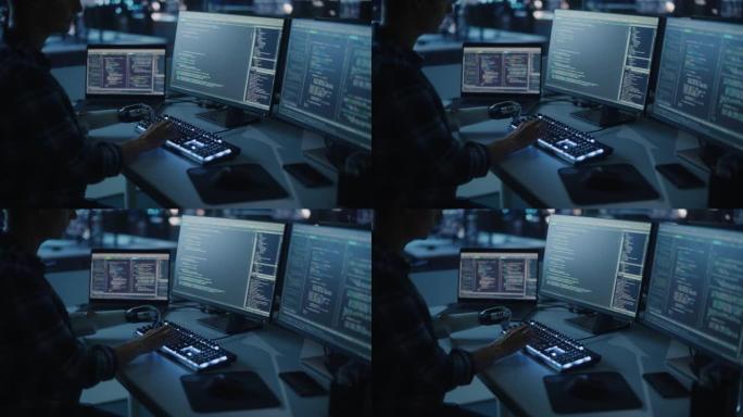 夜间办公室: 残疾程序员使用假肢在计算机键盘上工作。快速自然地使用肌电仿生手在夜间为软件键入代码。中