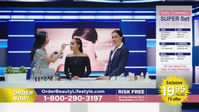 电视商业广告节目: 女主持人，化妆师在美丽的模特，礼物产品，化妆品上使用眼影调色板。播放电视商业广告